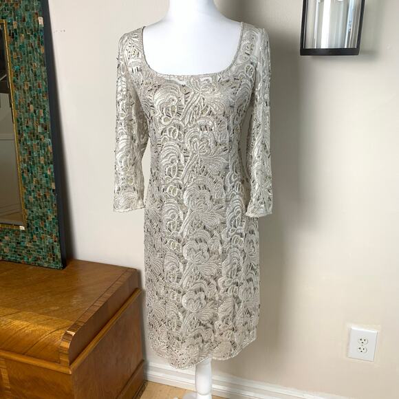 Kay Unger Size 14 Women's Long Sleeve Floral Lace Sequin Sheath Dress Formal - Picture 2 of 14